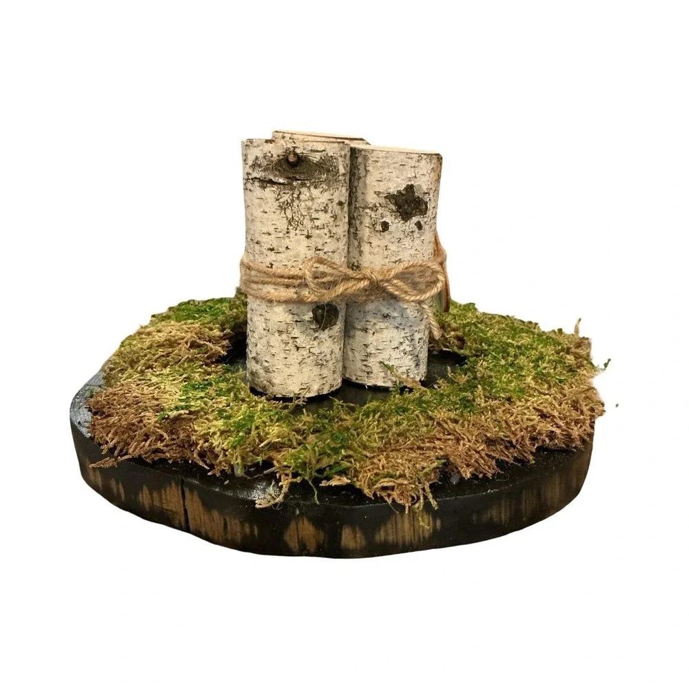 Handmade Rustic‎ Birch Wood Slab Centerpiece with Moss and Custom Heart
